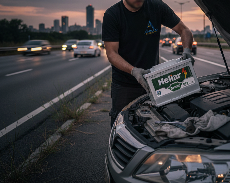 Técnico instalando bateria no carro